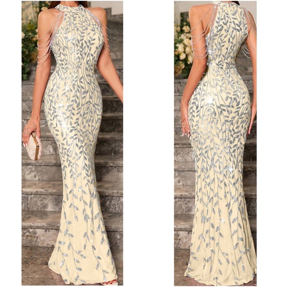 Luxe Sequin Halter Evening Party Wedding Bodycon Gown Dress - Picture 6 of 6
